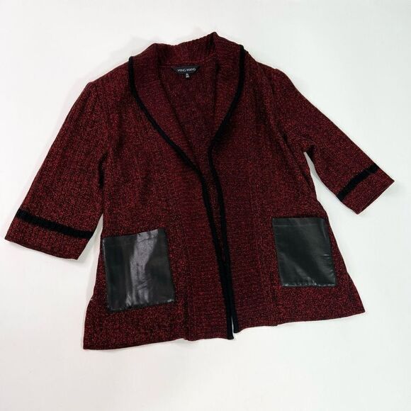 Ming Wang Cardigan Sweater Womens PL Red Open Front Faux Leather Pockets Knitted - Picture 1 of 11